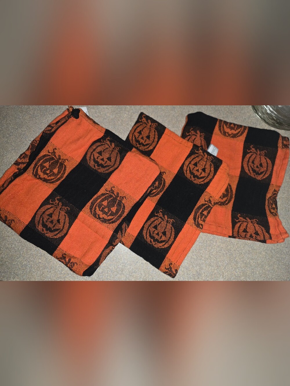 3 Pumpkin/Jack-O-Lantern kitchen hand towels. Like new, pre-washed Never Used.